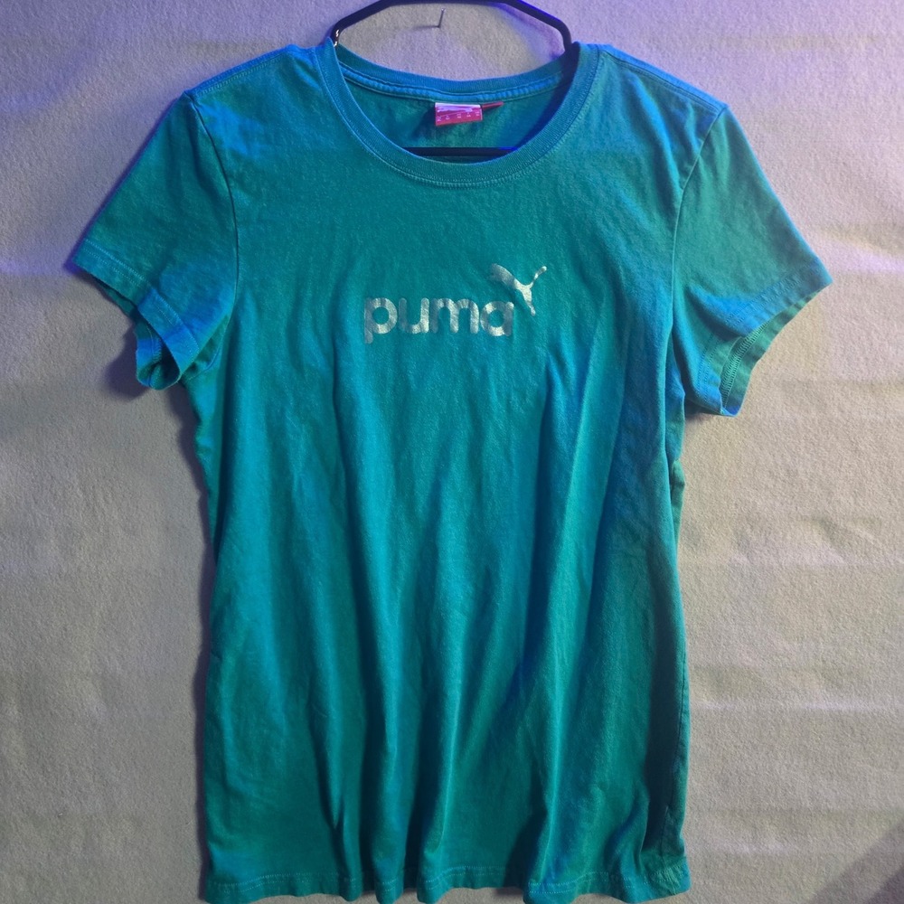 Puma Sportlifestyle Teal‎ Green Silver Foil Logo Graphic T-Shirt Womens XL
